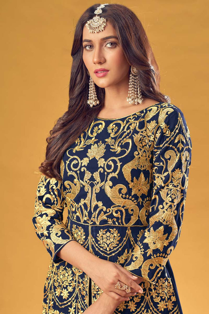 Georgette Fabric Navy Blue Color Sangeet Wear Incredible Embroidered Work Palazzo Suit