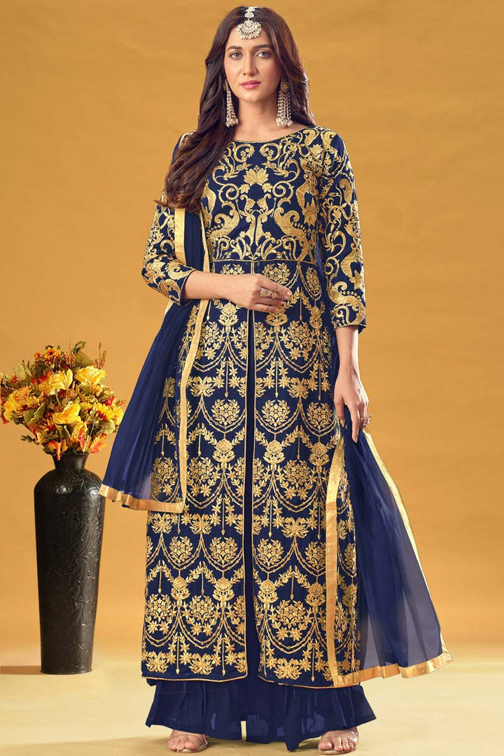 Georgette Fabric Navy Blue Color Sangeet Wear Incredible Embroidered Work Palazzo Suit