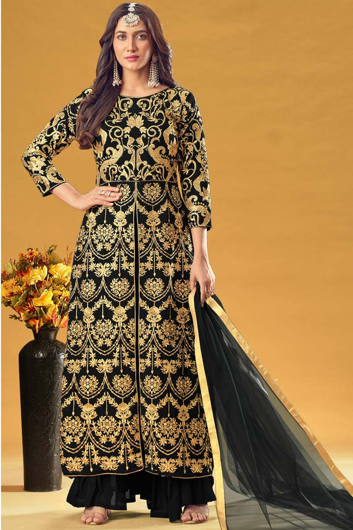 Alluring Black Color Georgette Fabric Sangeet Wear Embroidered Work Palazzo Suit