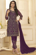 Load image into Gallery viewer, Purple Color Festive Wear Embroidered Net Fabric Straight Cut Dress
