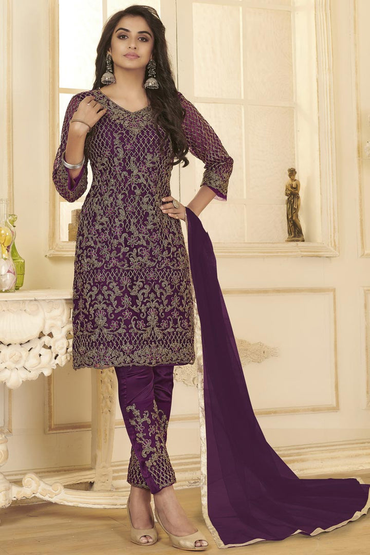 Purple Color Festive Wear Embroidered Net Fabric Straight Cut Dress
