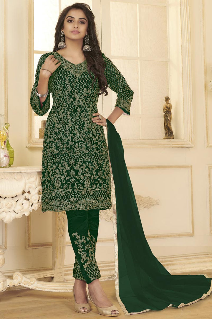 Festive Wear Green Color Embroidered Straight Cut Suit In Net Fabric