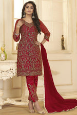 Load image into Gallery viewer, Red Color Festive Wear Embroidered Straight Cut Dress In Net Fabric
