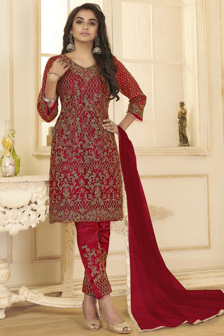 Red Color Festive Wear Embroidered Straight Cut Dress In Net Fabric