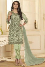 Load image into Gallery viewer, Festive Wear Sea Green Color Embroidered Straight Cut Net Fabric Suit
