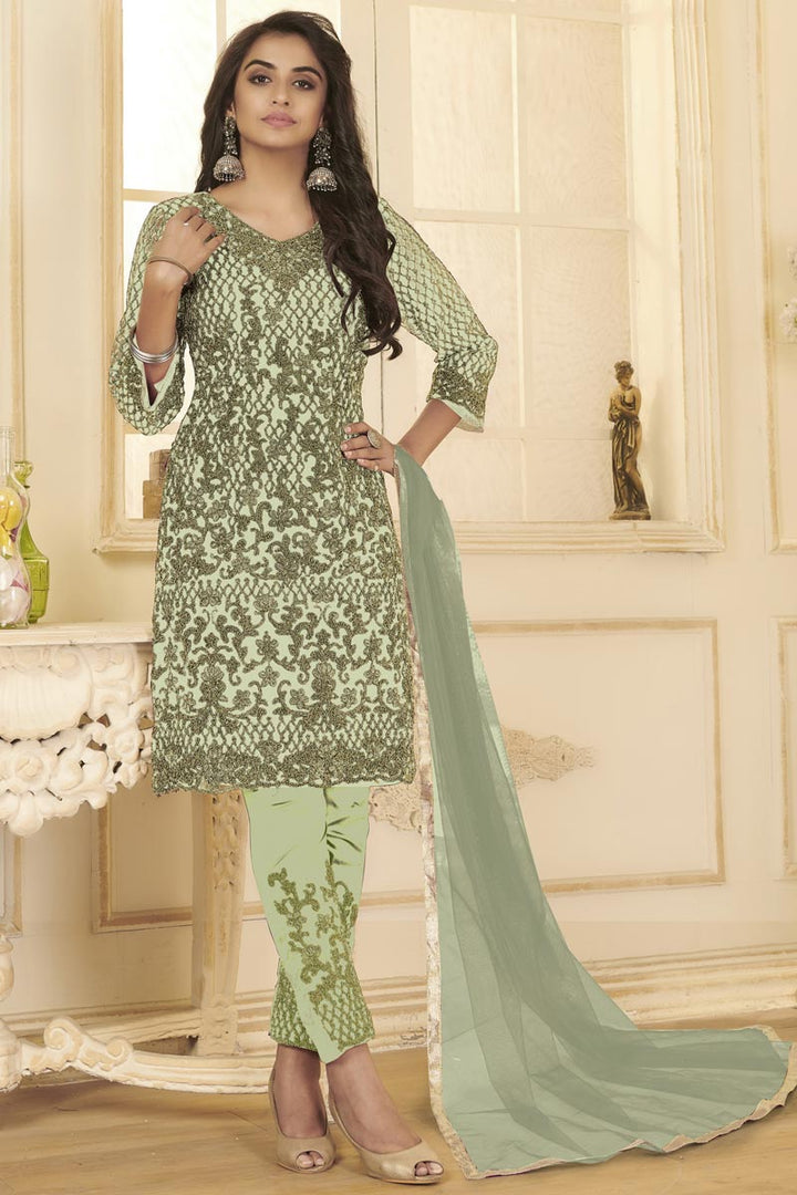 Festive Wear Sea Green Color Embroidered Straight Cut Net Fabric Suit