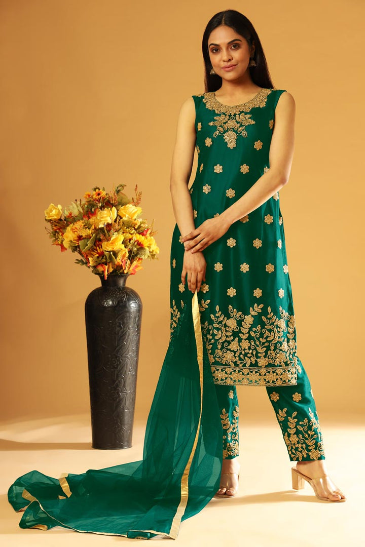 Dark Green Color Party Wear Salwar Kameez With Koti In Embroidered Work