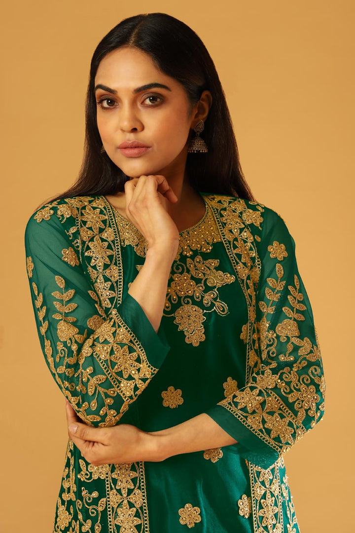 Dark Green Color Party Wear Salwar Kameez With Koti In Embroidered Work