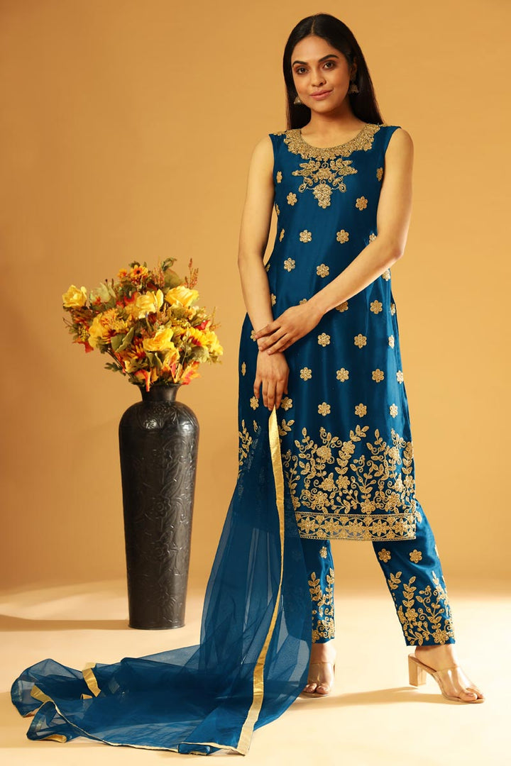 Party Wear Navy Blue Color Salwar Kameez With Embroidered Koti In Net Fabric