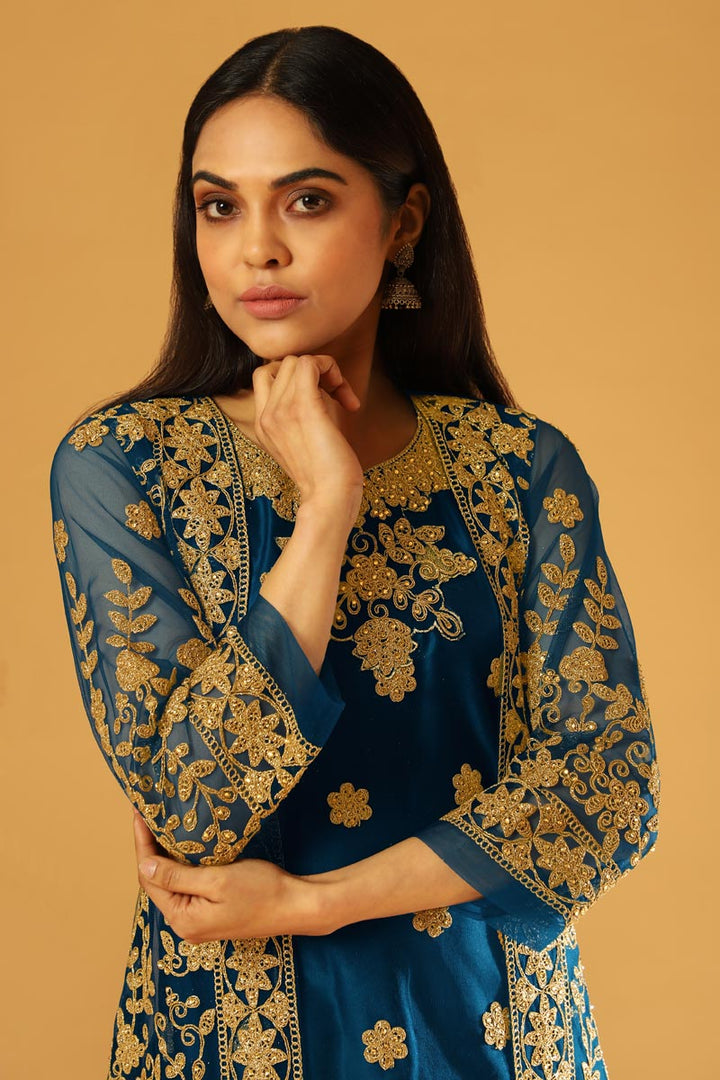 Party Wear Navy Blue Color Salwar Kameez With Embroidered Koti In Net Fabric