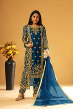 Load image into Gallery viewer, Party Wear Navy Blue Color Salwar Kameez With Embroidered Koti In Net Fabric
