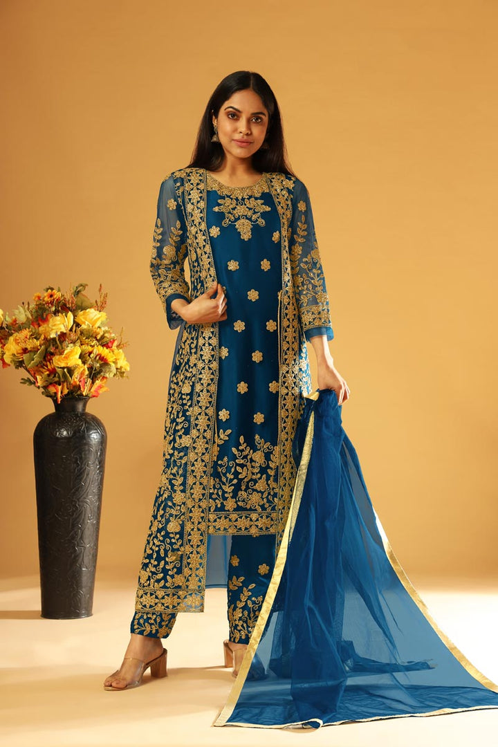 Party Wear Navy Blue Color Salwar Kameez With Embroidered Koti In Net Fabric