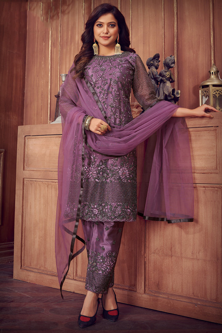 Lavender Color Vintage Embroidered Work Salwar Suit In Net Fabric