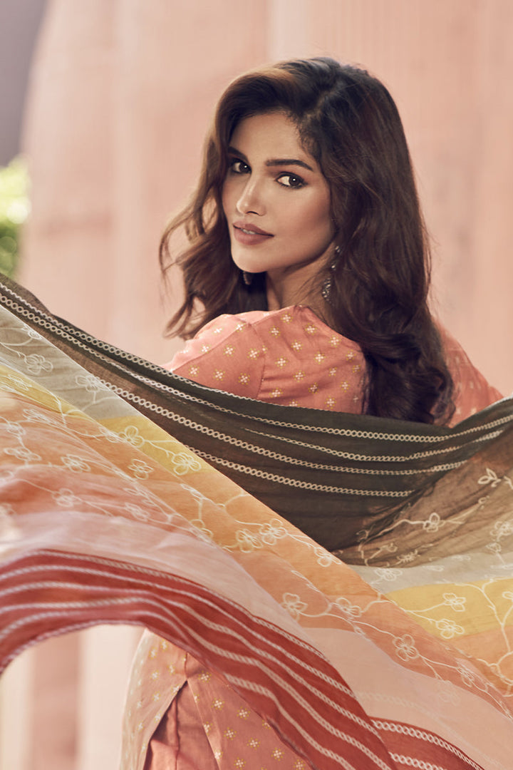 Elegant Satin Fabric Peach Color Function Wear Palazzo Suit Featuring Vartika Singh With Embroidered Work