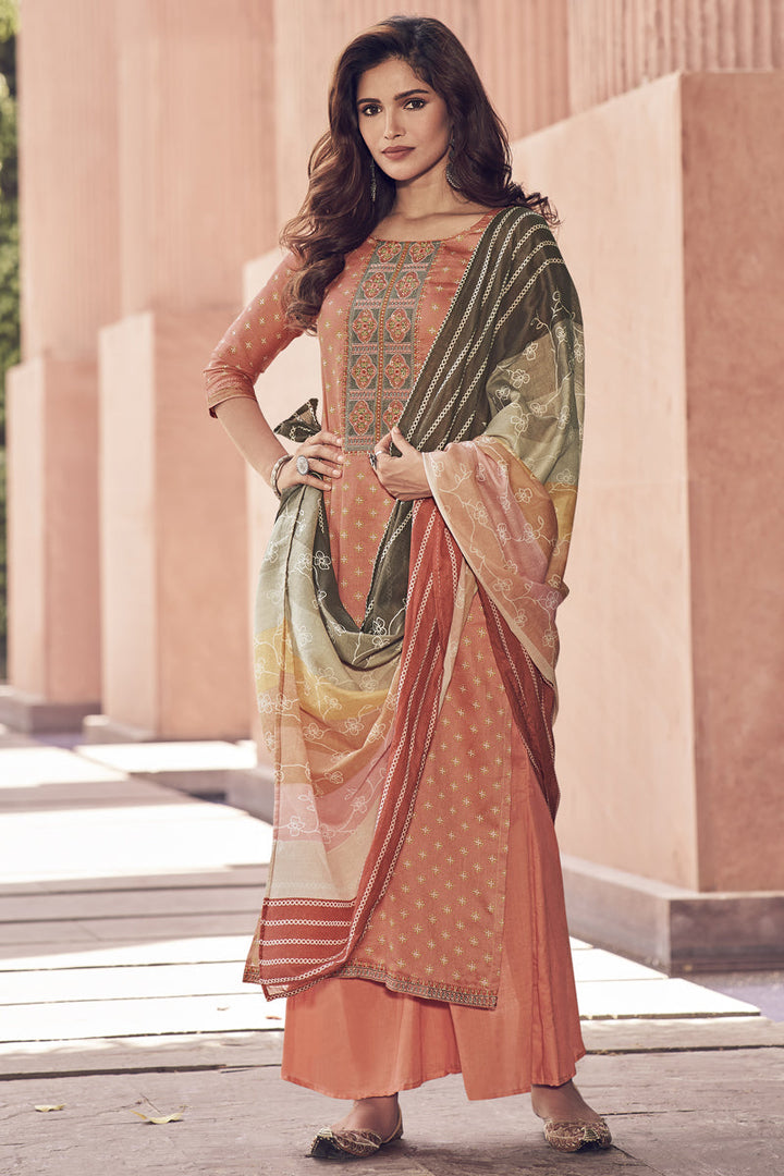 Elegant Satin Fabric Peach Color Function Wear Palazzo Suit Featuring Vartika Singh With Embroidered Work