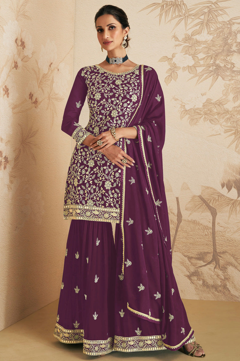 Georgette Fabric Purple Color Function Wear Solid Sharara Suit