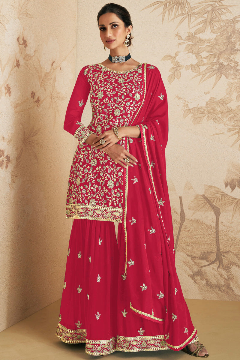 Function Wear Georgette Fabric Pink Color Mesmeric Sharara Suit
