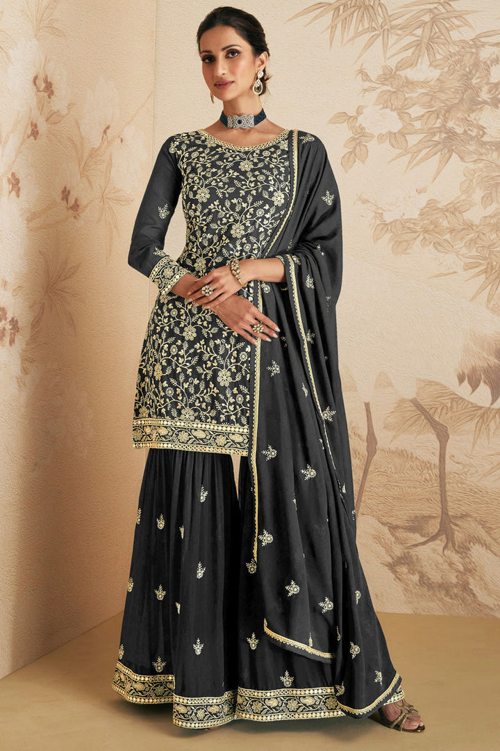 Grey Color Georgette Fabric Function Wear Divine Sharara Suit