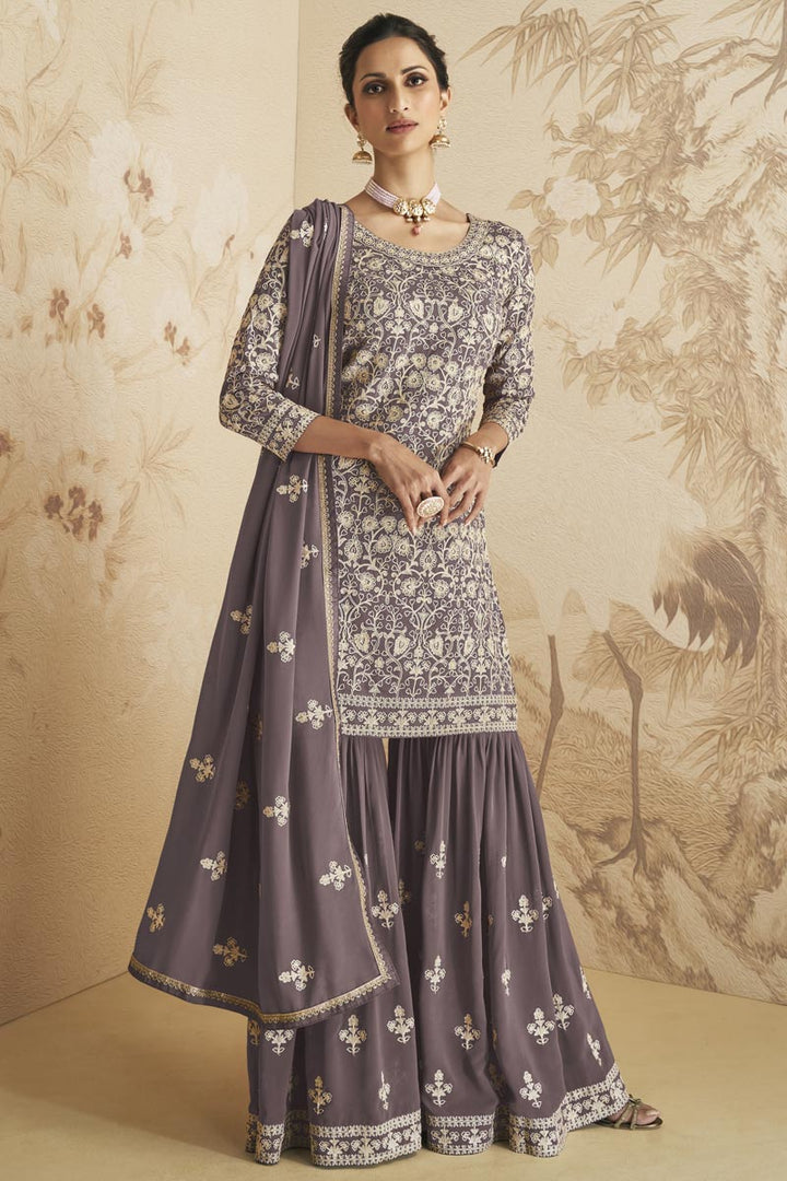 Lavender Color Georgette Fabric Party Wear Appealing Sharara Suit