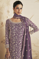Load image into Gallery viewer, Party Wear Georgette Fabric Purple Color Enticing Sharara Suit
