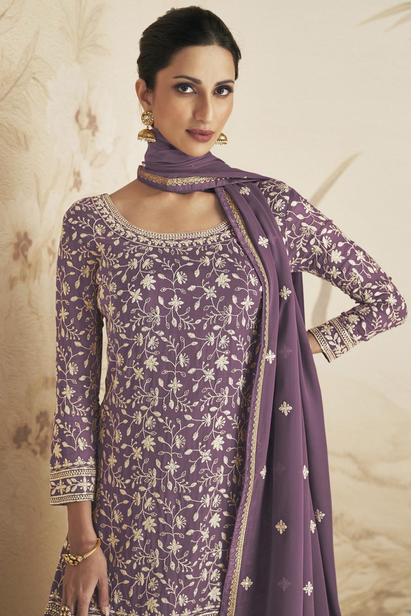 Party Wear Georgette Fabric Purple Color Enticing Sharara Suit