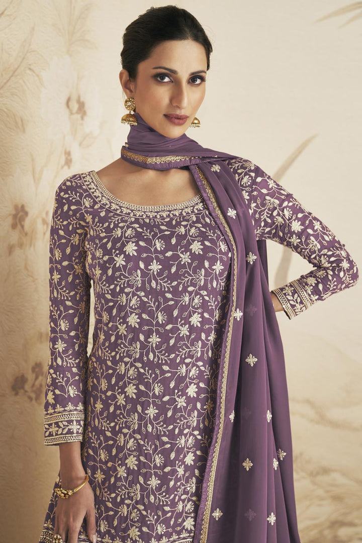 Party Wear Georgette Fabric Purple Color Enticing Sharara Suit
