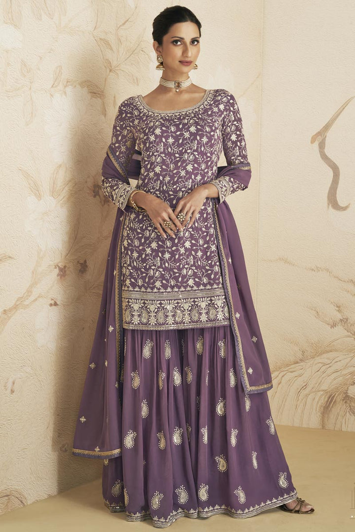 Party Wear Georgette Fabric Purple Color Enticing Sharara Suit