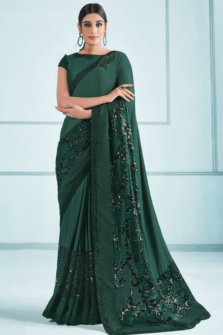 Lycra Fabric Party Style Engrossing Sequins Work Saree In Green Color