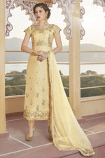 Load image into Gallery viewer, Party Wear Beige Color Trendy Embroidered Straight Cut Suit In Chanderi
