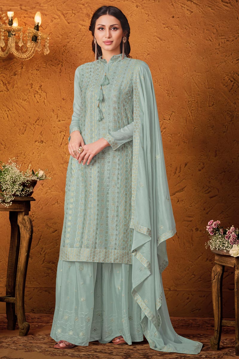Chinon Fabric Festive Wear Cyan Color Sequins Work Palazzo Dress