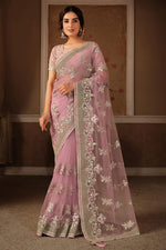 Load image into Gallery viewer, Pink Color Net Fabric Festive Wear Fancy Embroidery Work Saree
