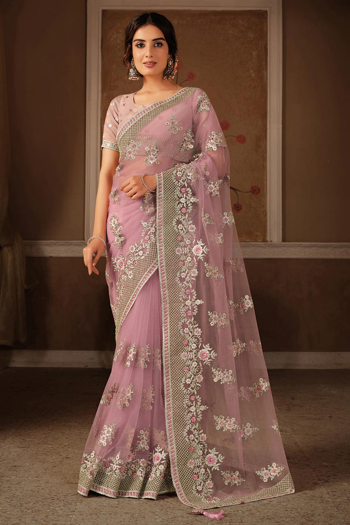 Pink Color Net Fabric Festive Wear Fancy Embroidery Work Saree