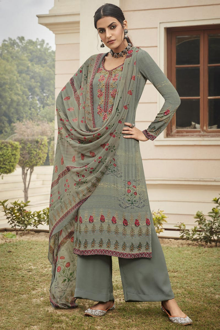 Grey Color Crepe Fabric Casual Wear Salwar Suit