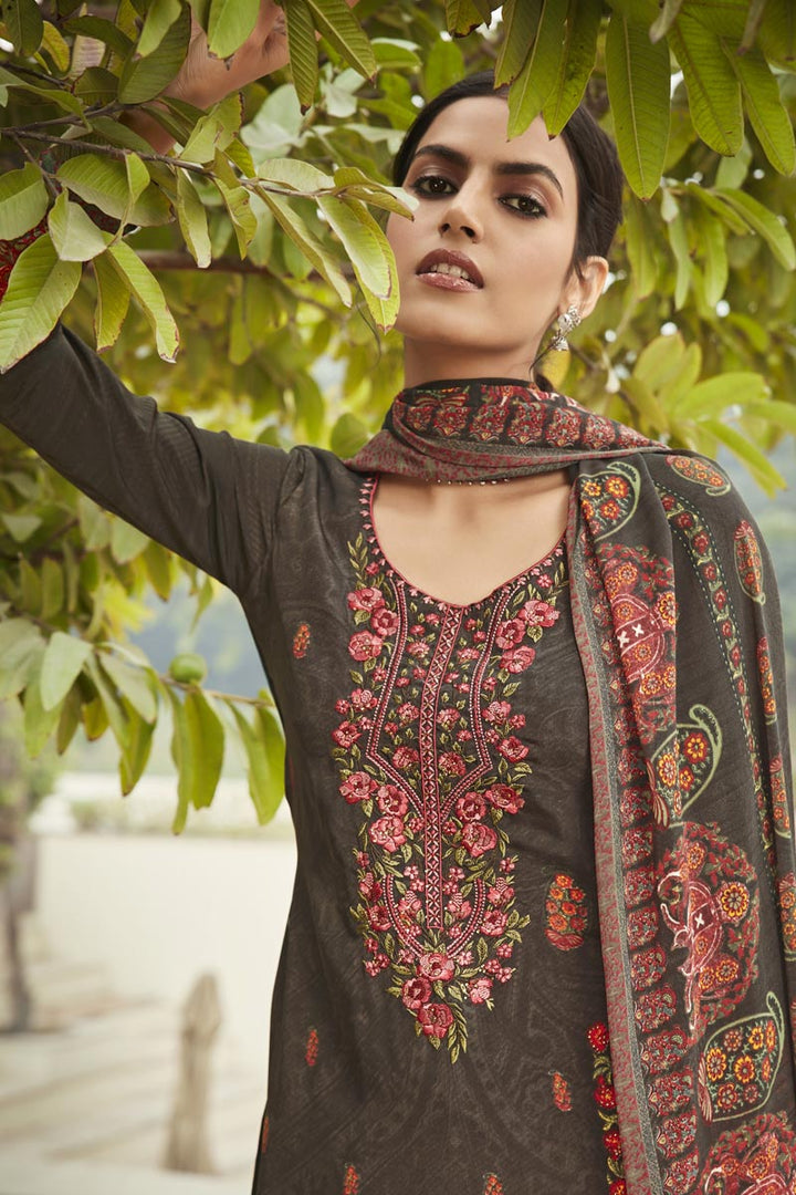 Crepe Fabric Occasion Wear Brown Color Embroidery Work Salwar Kameez