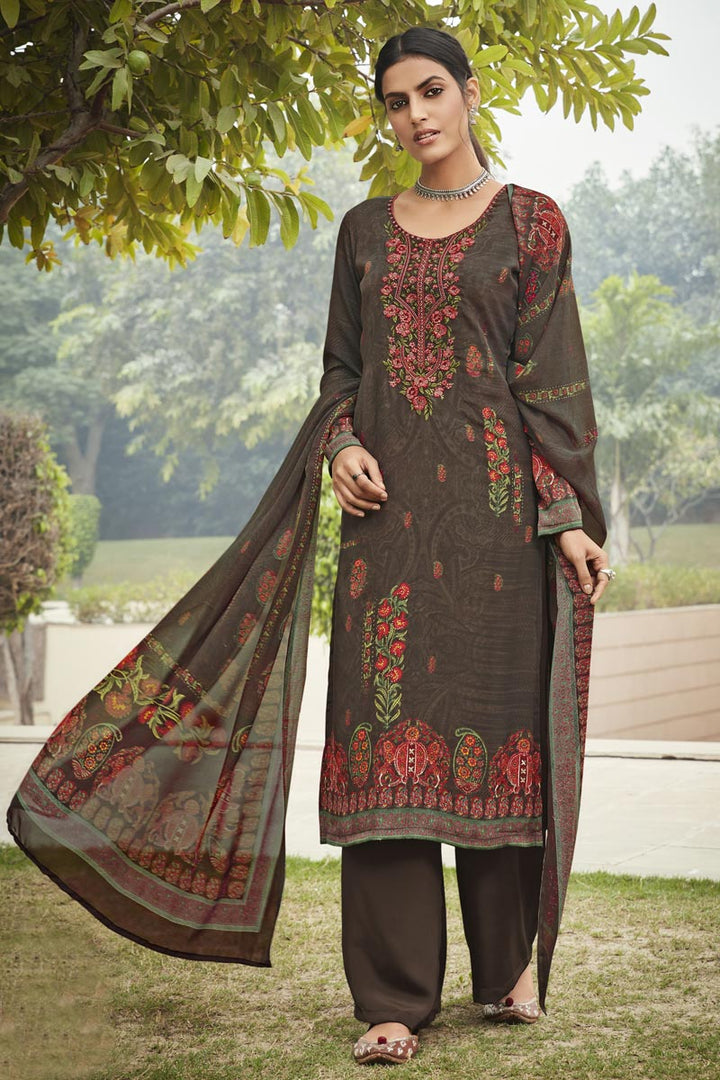 Crepe Fabric Occasion Wear Brown Color Embroidery Work Salwar Kameez