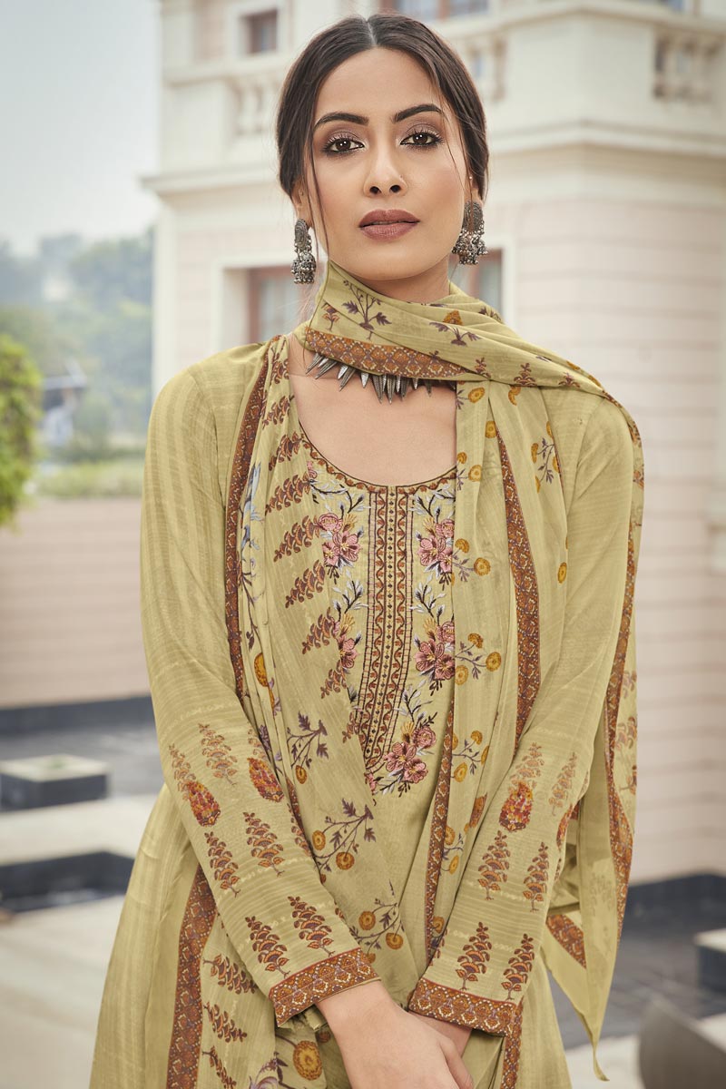 Crepe Fabric Beige Color Casual Salwar Kameez
