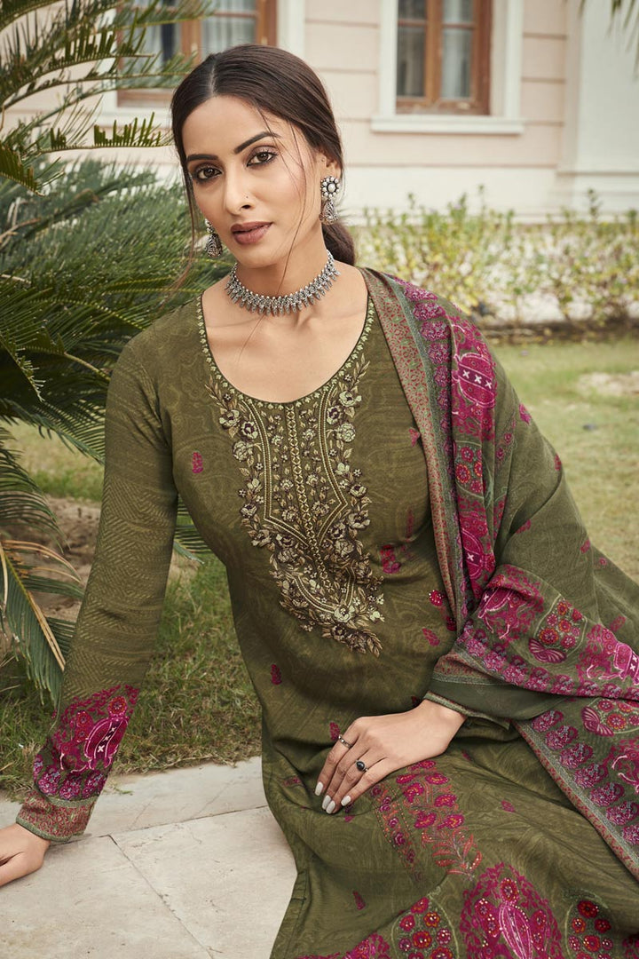 Embroidery Work Designs Mehendi Green Color Crepe Fabric Casual Wear Salwar Suit