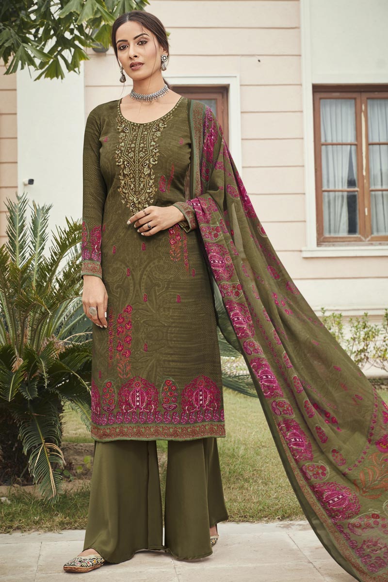 Embroidery Work Designs Mehendi Green Color Crepe Fabric Casual Wear Salwar Suit