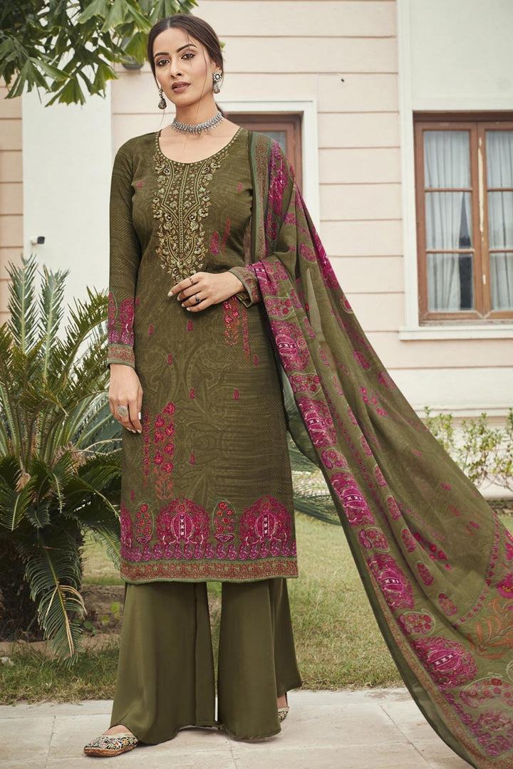 Embroidery Work Designs Mehendi Green Color Crepe Fabric Casual Wear Salwar Suit