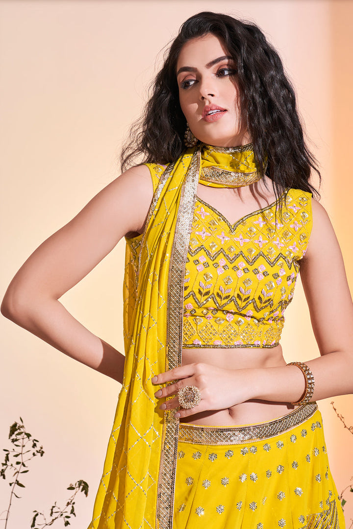 Georgette Yellow Color Readymade Sequins Designs Lehenga