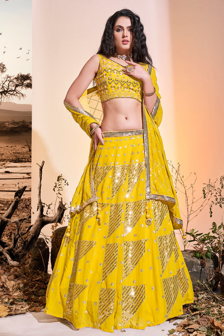Georgette Yellow Color Readymade Sequins Designs Lehenga