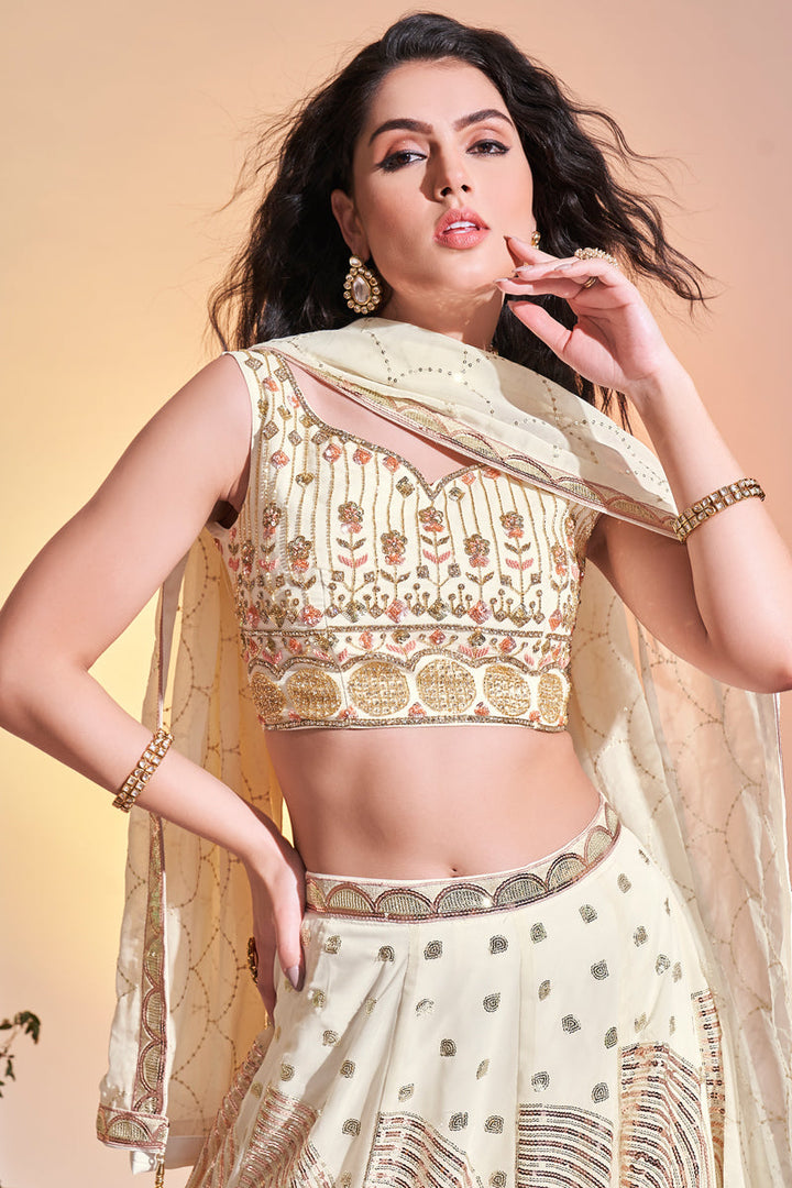 Georgette Cream Color Readymade Sequins Designs Lehenga