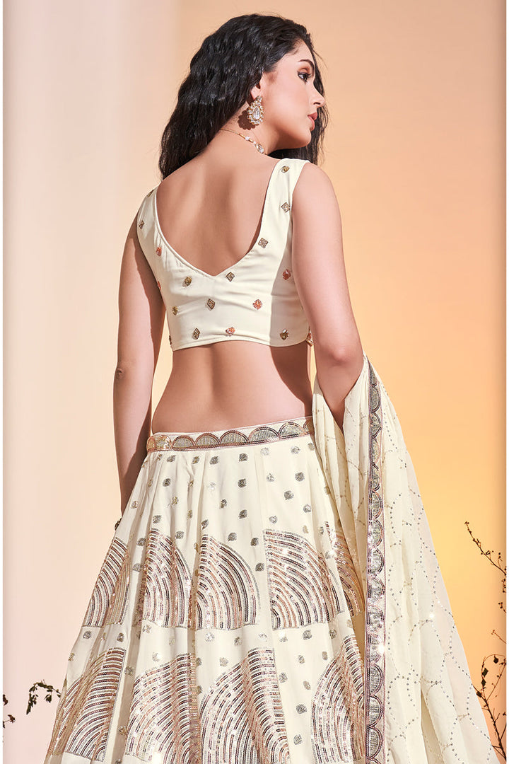 Georgette Cream Color Readymade Sequins Designs Lehenga