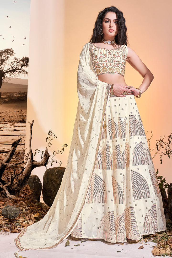 Georgette Cream Color Readymade Sequins Designs Lehenga