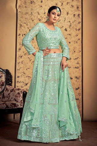 Sangeet Wear Light Cyan Color Embellished Georgette Readymade Lehenga Choli