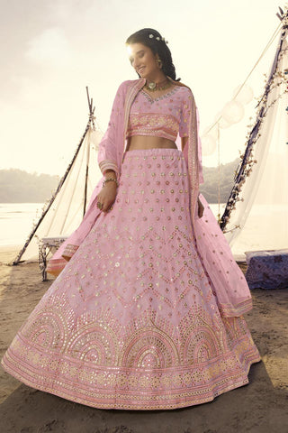 Pink Color Embroidered Work On Organza Fabric Sangeet Wear Astounding Lehenga