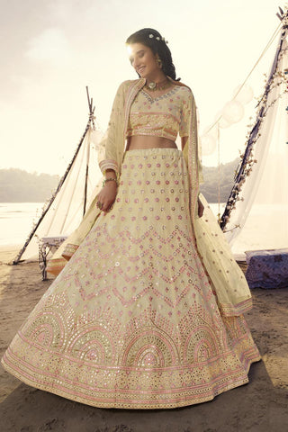 Embroidered Work On Yellow Color Sangeet Wear Phenomenal Lehenga In Organza Fabric