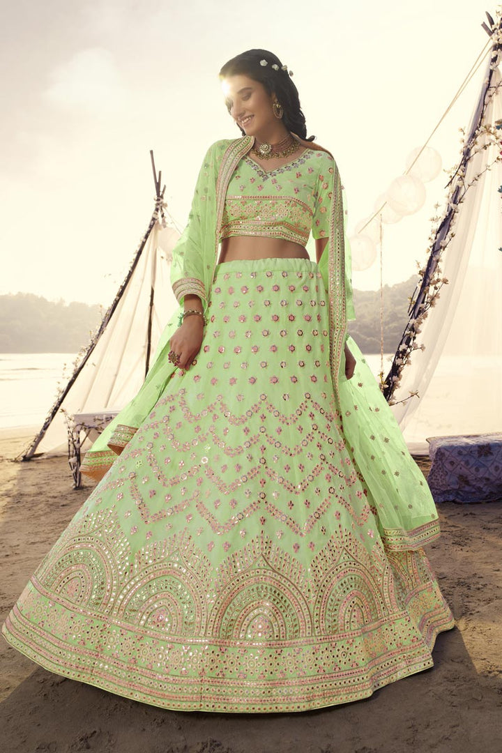 Embroidered Work On Green Color Organza Fabric Function Wear Admirable Lehenga