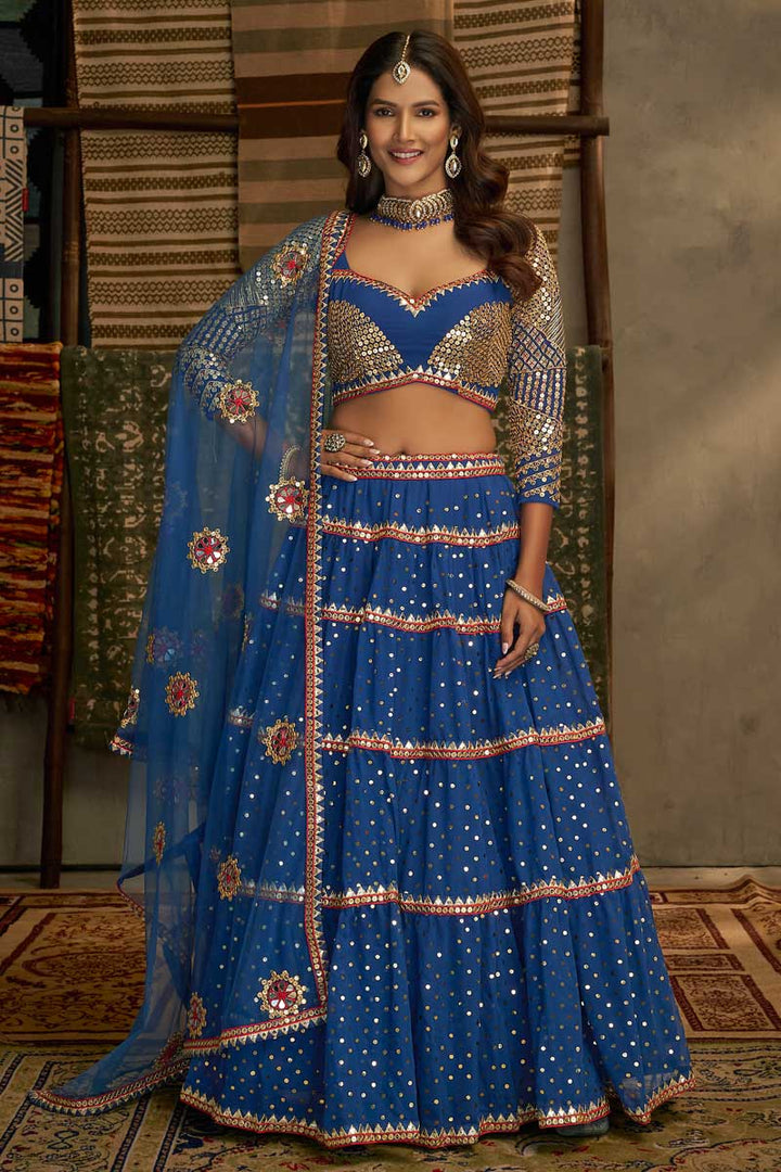 Classic Sequins Designs On Blue Color Lehenga In Georgette Fabric