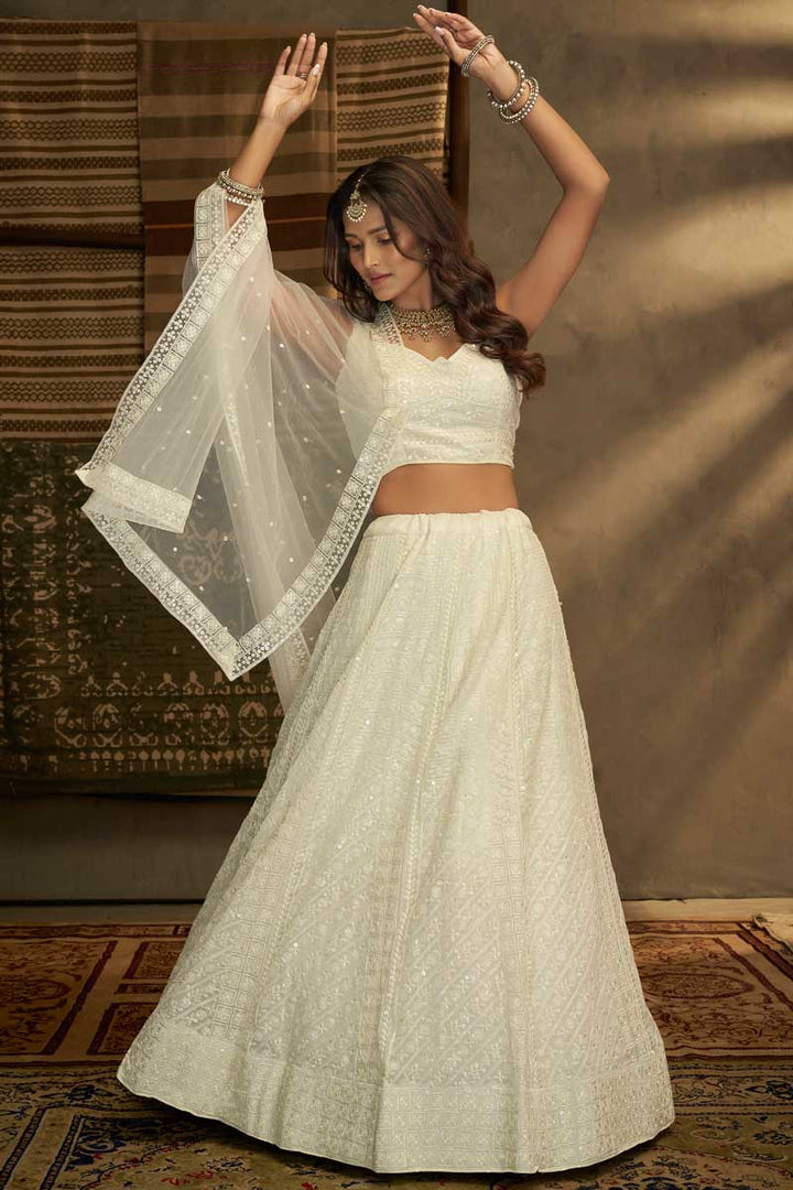 Creative Sequins Work On Lehenga In Off White Color Georgette Fabric